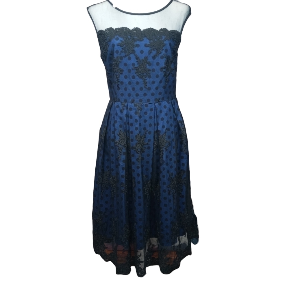 MissMay Retro Pin-Up Swing Dress Polka-Dot Floral Lace Blue/Black Size Small - Picture 4 of 16